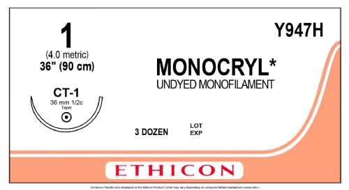 MONOCRYL (poliglecaprone 25) Suture<br/>Size: MONOCRYL PLUS<br/>Colour: 1<br/>Style: non cutting<br/>Size: MONOCRYL PLUS<br/>Colour: 1<br/>Style: non cutting