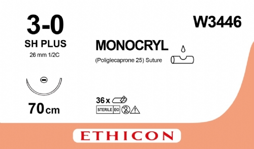 MONOCRYL (poliglecaprone 25) Suture<br/>Size: MONOCRYL PLUS<br/>Colour: 3-0<br/>Style: non cutting<br/>Size: MONOCRYL PLUS<br/>Colour: 3-0<br/>Style: non cutting
