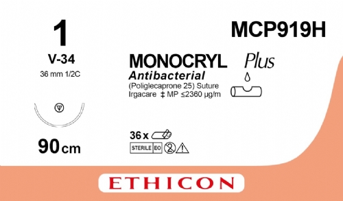 MONOCRYL Plus Antibacterial (poliglecaprone 25) Suture<br/>Size: MONOCRYL PLUS<br/>Colour: 1<br/>Style: non cutting