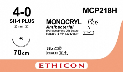 MONOCRYL  Plus Antibacterial (poliglecaprone 25) Suture<br/>Size: MONOCRYL PLUS<br/>Colour: 4-0<br/>Style: non cutting
