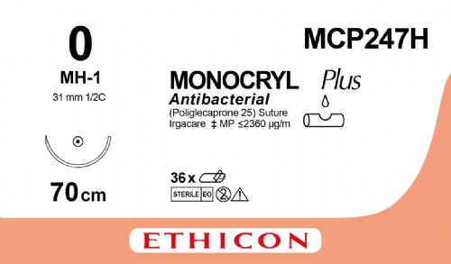 MONOCRYL  Plus Antibacterial (poliglecaprone 25) Suture<br/>Size: MONOCRYL PLUS<br/>Colour: 0<br/>Style: non cutting