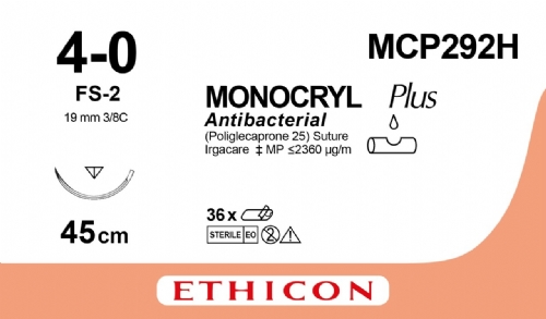 MONOCRYL Plus Antibacterial (poliglecaprone 25) <br/>Size: MONOCRYL PLUS<br/>Colour: 4-0<br/>Style: cutting