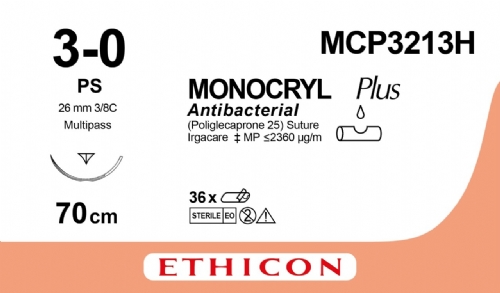 MONOCRYL Plus Antibacterial (poliglecaprone 25) Suture<br/>Size: MONOCRYL PLUS<br/>Colour: 3-0<br/>Style: cutting