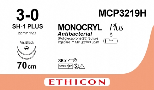 MONOCRYL Plus Antibacterial (poliglecaprone 25) Suture<br/>Size: MONOCRYL PLUS<br/>Colour: 3-0<br/>Style: non cutting