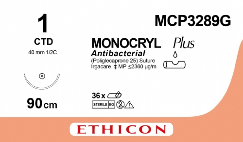 MONOCRYL Plus Antibacterial (poliglecaprone 25) Suture<br/>Size: MONOCRYL PLUS<br/>Colour: 1<br/>Style: non cutting