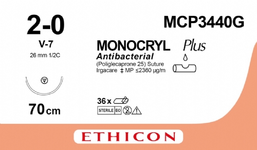 MONOCRYL Plus Antibacterial (poliglecaprone 25) Suture<br/>Size: MONOCRYL PLUS<br/>Colour: 2-0<br/>Style: non cutting
