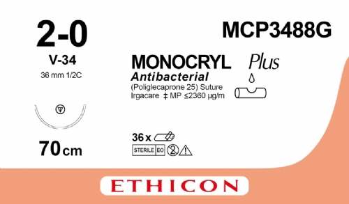 MONOCRYL Plus Antibacterial (poliglecaprone 25) Suture<br/>Size: MONOCRYL PLUS<br/>Colour: 2-0<br/>Style: non cutting