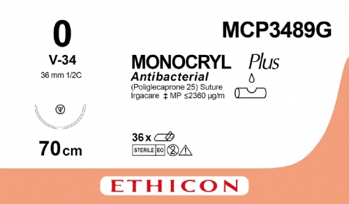 MONOCRYL Plus Antibacterial (poliglecaprone 25) Suture<br/>Size: MONOCRYL PLUS<br/>Colour: 0<br/>Style: non cutting