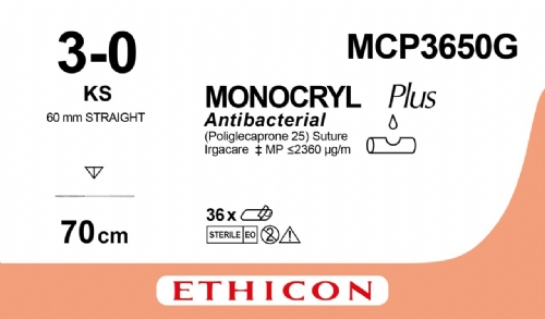 MONOCRYL Plus Antibacterial (poliglecaprone 25) Suture<br/>Size: MONOCRYL PLUS<br/>Colour: 3-0<br/>Style: cutting