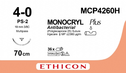 MONOCRYL Plus Antibacterial (poliglecaprone 25) Suture<br/>Size: MONOCRYL PLUS<br/>Colour: 4-0<br/>Style: cutting