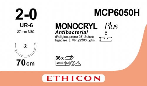 MONOCRYL Plus Antibacterial (poliglecaprone 25) Suture<br/>Size: MONOCRYL PLUS<br/>Colour: 2-0<br/>Style: non cutting