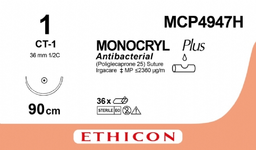 MONOCRYL Plus Antibacterial (poliglecaprone 25) Suture<br/>Size: MONOCRYL PLUS<br/>Colour: 1<br/>Style: non cutting