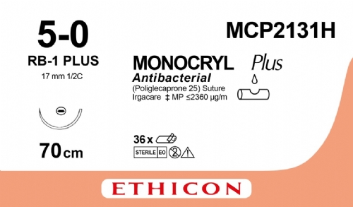 MONOCRYL Plus Antibacterial (poliglecaprone 25) Suture<br/>Size: MONOCRYL PLUS<br/>Colour: 5-0<br/>Style: non cutting