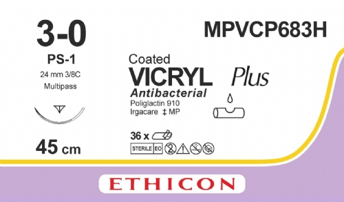 COATED VICRYL Plus Antibacterial (polyglactin 910) Suture<br/>Size: VICRYL PLUS<br/>Colour: 3-0<br/>Style: cutting