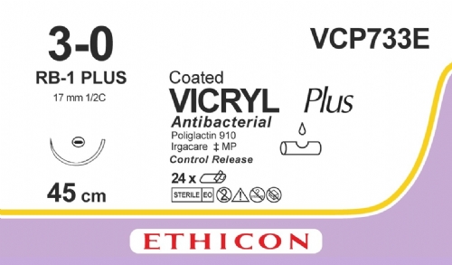 COATED VICRYL Plus Antibacterial (polyglactin 910) Suture<br/>Size: VICRYL PLUS<br/>Colour: 3-0<br/>Style: non cutting