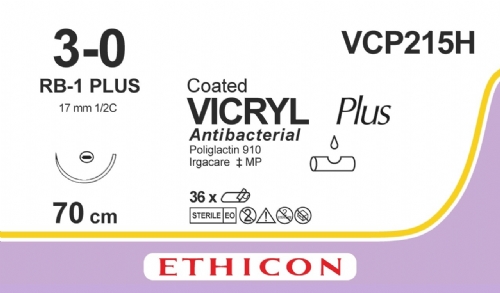 COATED VICRYL Plus Antibacterial (polyglactin 910) Suture<br/>Size: VICRYL PLUS<br/>Colour: 3-0<br/>Style: non cutting