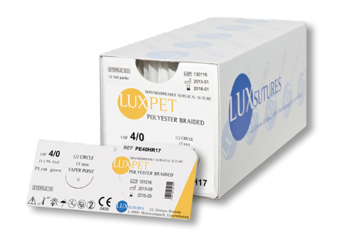 LUXPET Polyester (PET) Braided Non-Absorbable Surgical Suture (Green) — USP 4/0 (EP 1.5), 75 cm, 3/8 Circle Reverse Cutting Needle 19 mm