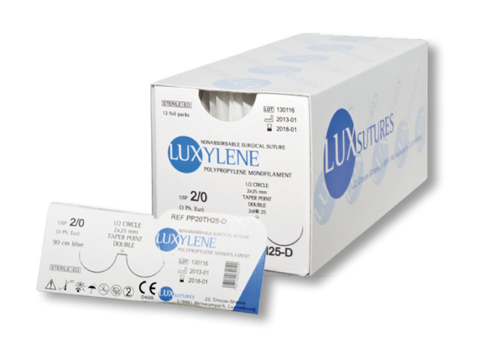 PREMIUM LUXYLENE Polypropylene (PP) Monofilament Non-Absorbable Surgical Suture (Blue) — USP 5/0 (EP 1), 50 cm, 3/8 Circle Premium Cutting Needle 12 mm