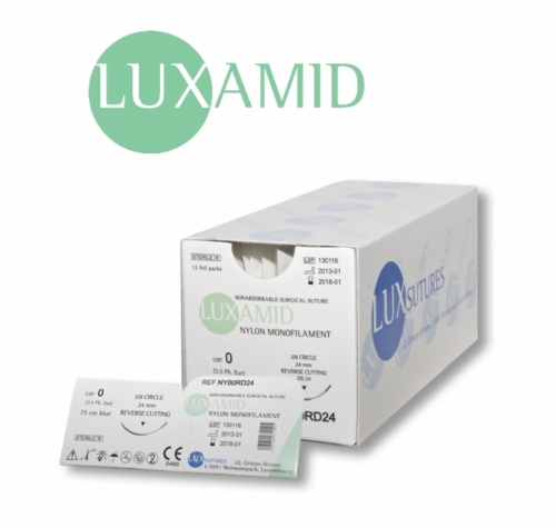 LUXAMID Nylon Non-Absorbable Monofilament Surgical Suture – USP 3/0 – 75 cm – Blue – HR 20 (20 mm) Reverse Cutting Needle (Box of 12)