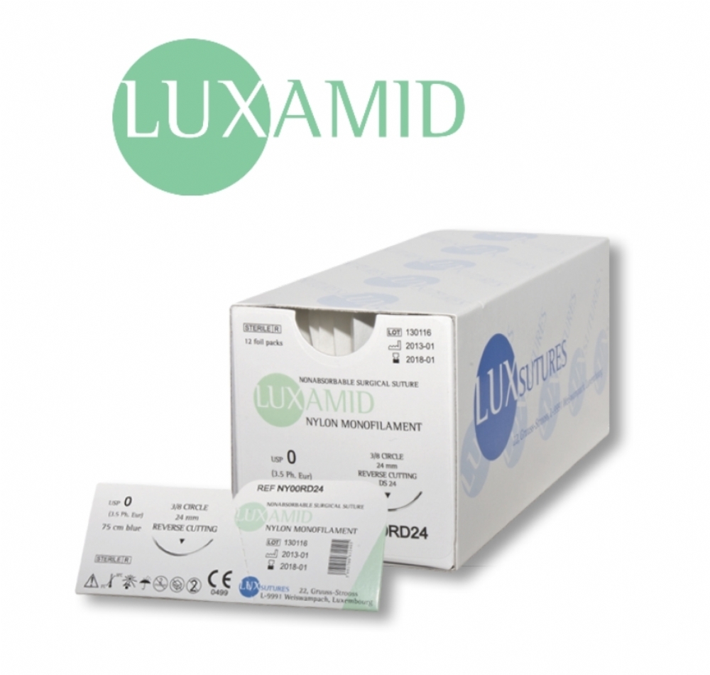 LUXAMID Nylon Non-Absorbable Monofilament Surgical Suture – USP 4/0 – 75 cm – Blue – DS 12 (12 mm) Cutting Needle (Box of 12)