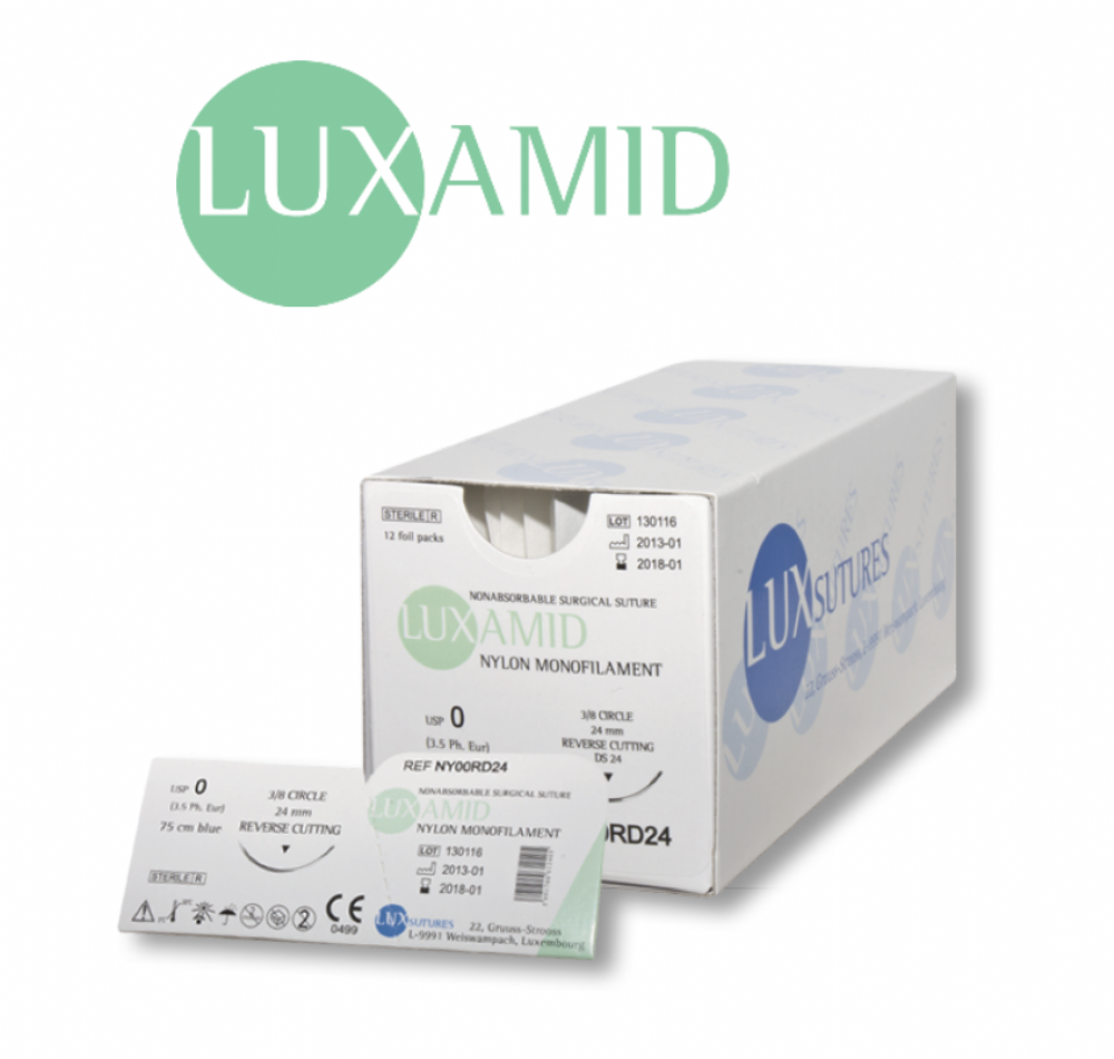 LUXAMID Nylon Monofilament Non-Absorbable Surgical Loop Suture (Black) — USP 0 (EP 3.5), 250 cm, 1/2 Circle Loop Taper Needle 65 mm