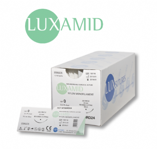 LUXAMID Nylon Monofilament Non-Absorbable Surgical Loop Suture (Black) — USP 0 (EP 3.5), 250 cm, 1/2 Circle Loop Taper Needle 65 mm