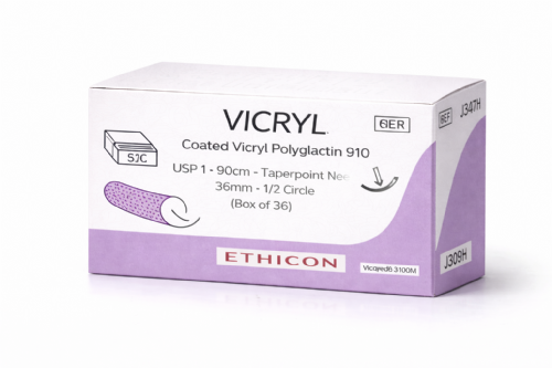J347H Ethicon Coated Vicryl Polyglactin 910 Braided Medical Sutures USP 1 – 90cm – 1 2 Circle Taperpoint Needle 36mm (Box of 36)