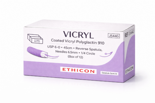 J544G Ethicon Coated Vicryl Polyglactin 910 Braided Medical Sutures USP 6 0 – 45cm – 1 4 Circle Reverse Spatula Needles 6.5mm Double Armed (Box of 12)