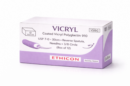 J566G Ethicon Coated Vicryl Polyglactin 910 Braided Medical Sutures USP 7 0 – 30cm – 3 8 Circle Reverse Spatula Needles 6.5mm Double Armed (Box of 12)