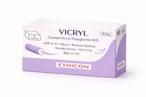 J570G Ethicon Coated Vicryl Polyglactin 910 Braided Medical Sutures USP 6 0 – 45cm – 1 4 Circle Reverse Spatula Needles 8.1mm Double Armed (Box of 12)
