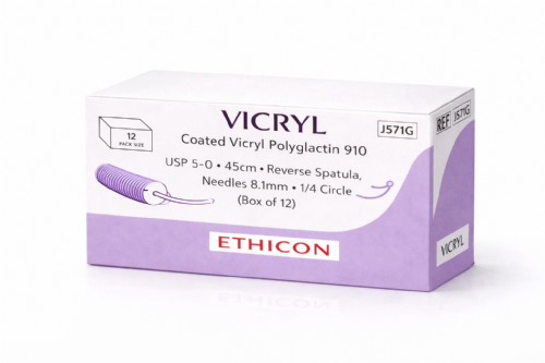 J571G Ethicon Coated Vicryl Polyglactin 910 Braided Medical Sutures USP 5 0 – 45cm – 1 4 Circle Reverse Spatula Needles 8.1mm Double Armed (Box of 12)
