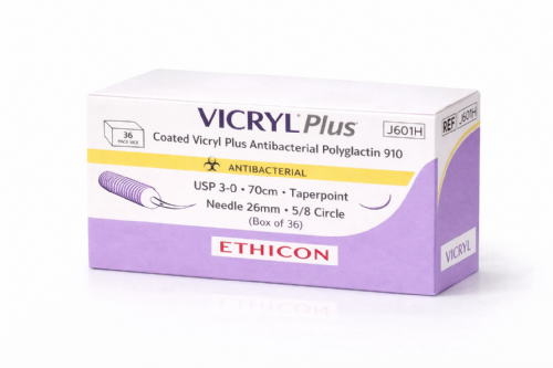 J601H Ethicon Coated Vicryl Plus Antibacterial Polyglactin 910 Braided Medical Sutures USP 3 0 – 70cm – 5 8 Circle Taperpoint Needle 26mm (Box of 36)