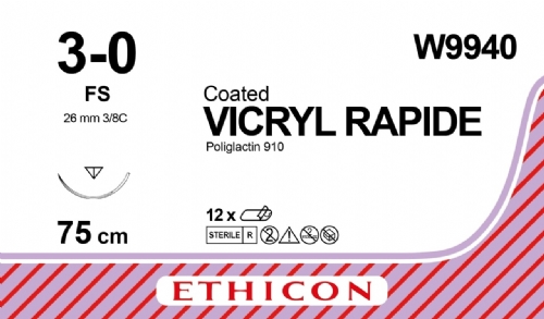 W9940 Ethicon Vicryl Rapide Polyglactin 910 Braided Absorbable Medical Sutures USP 3 0 – 75cm – 3 8 Circle Reverse Cutting Needle 26mm (Box of 12)