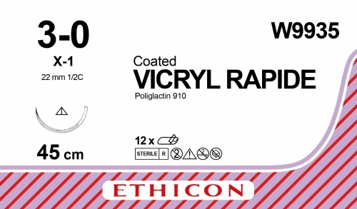 W9935 Ethicon Vicryl Rapide Polyglactin 910 Braided Absorbable Medical Sutures USP 3 0 – 45cm – 1 2 Circle Conventional Cutting Needle 22mm (Box of 12)