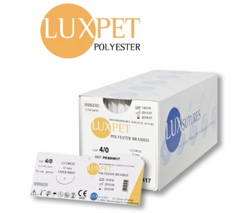 LuxSutures Luxpet® Polyester Braided Non-Absorbable Surgical Suture – USP 0 – 75 cm – Green – HR 30 mm 1/2 Circle Taper Point Needle (Box of 12)