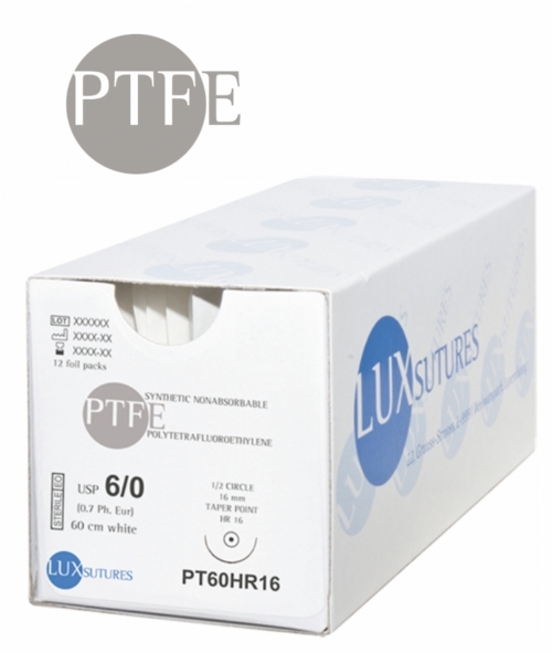 LuxSutures® LuxPTFE Dental Monofilament Non-Absorbable Surgical Suture – USP 5-0 – 60 cm – White – DS19 Reverse Cutting Needle 19 mm – 3/8 Circle – PT50DS19 (Box of 12)