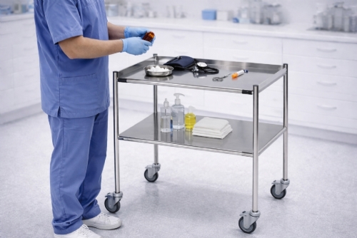 Surgical Trolley 2 Removable Reversible Folded Stainless Steel Shelves