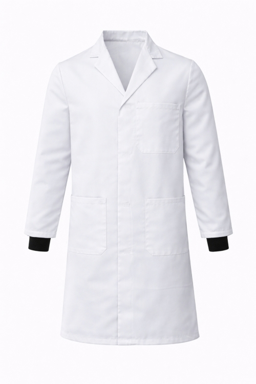Lab Coat Stud Fastening Rib Cuff - 100% Cotton - White