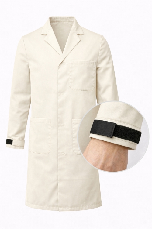 Autoclavable Lab Coat Velcro Cuffs - 100% Cotton Drill - Ivory