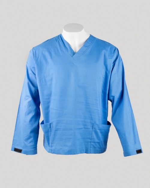 Hospital Blue Long Sleeve Scrub Top Velcro Cuff 100% Cotton