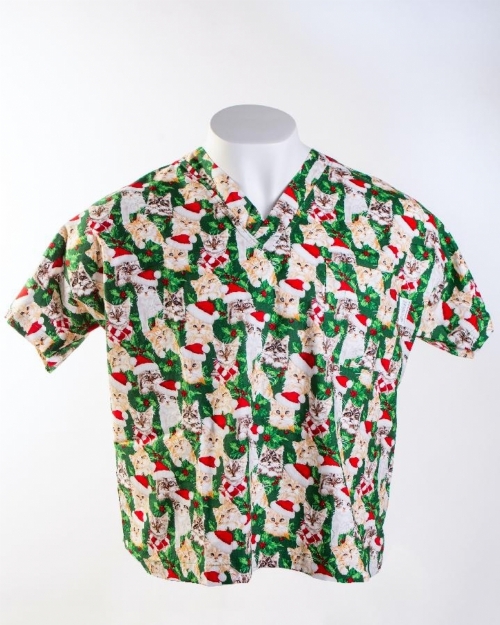 Christmas Cats Short Sleeve Medical Scrub Top 100% Cotton