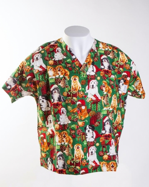 Christmas Dogs Short Sleeve Medical Scrub Top 100% Cotton
