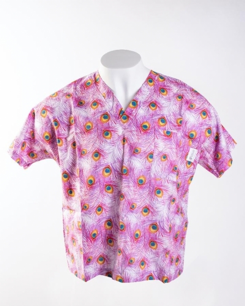 Peacock Feathers Short Sleeve Medical Scrub Top 100% Cotton