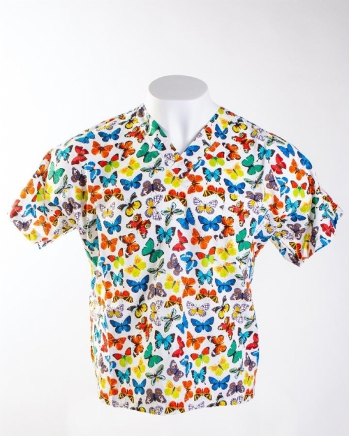 Bonny Butterflies Short Sleeve Medical Scrub Top 100% Cotton