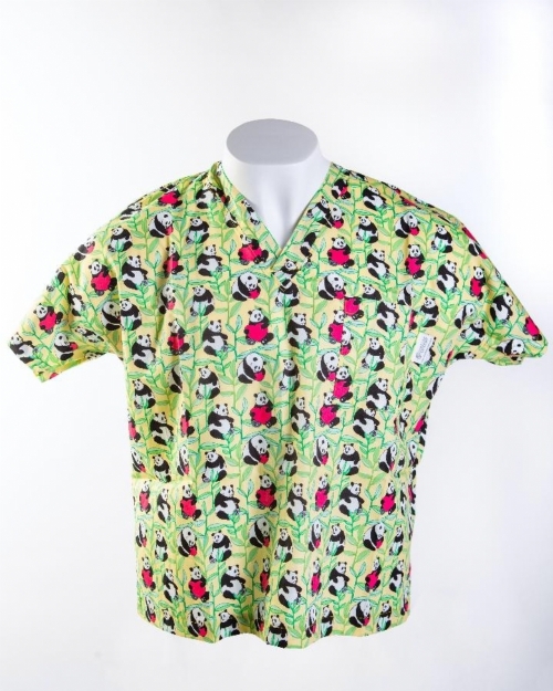 Loved Up Panda Yellow Short Sleeve Medical Scrub Top 100% Cotton