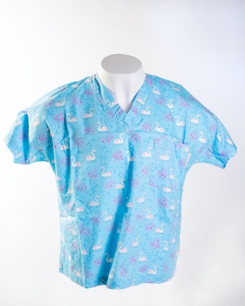 Blue Majestic Swan Short Sleeve Medical Scrub Top 100% Cotton