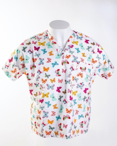 Multi Coloured Butterflies Short Sleeve Medical Scrub Top 100% Cotton
