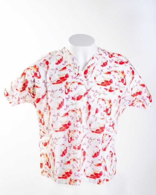 Ivory Koi Short Sleeve Medical Scrub Top 100% Cotton