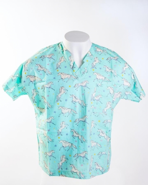 Blue Magical Unicorn Short Sleeve Medical Scrub Top 100% Cotton