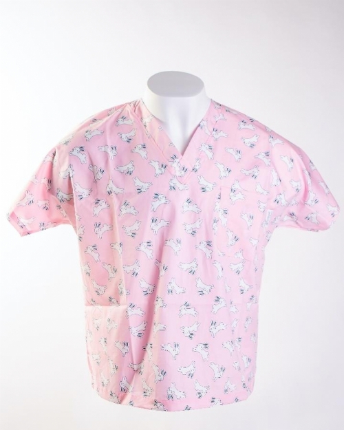 Pink Jumping Rabbits Short Sleeve Medical Scrub Top 100% Cotton